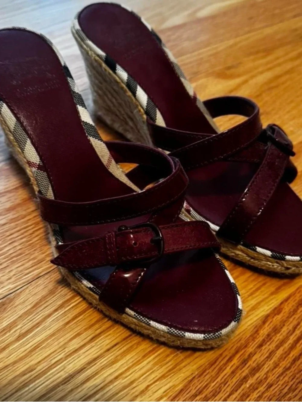 Burberry Burgundy Leather Wedge Sandals with Espadrille Trim - Picture 1 of 6